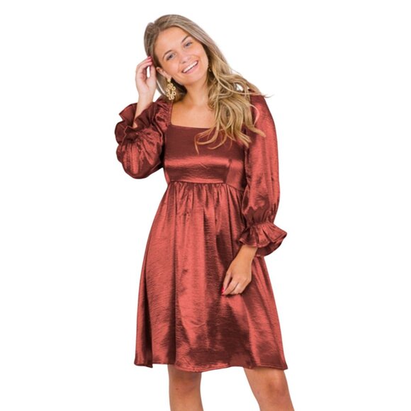 Entro Copper Brown Satin Baby Doll Peasant Sleeve Dress Women Size M Fall Boho - Picture 1 of 8